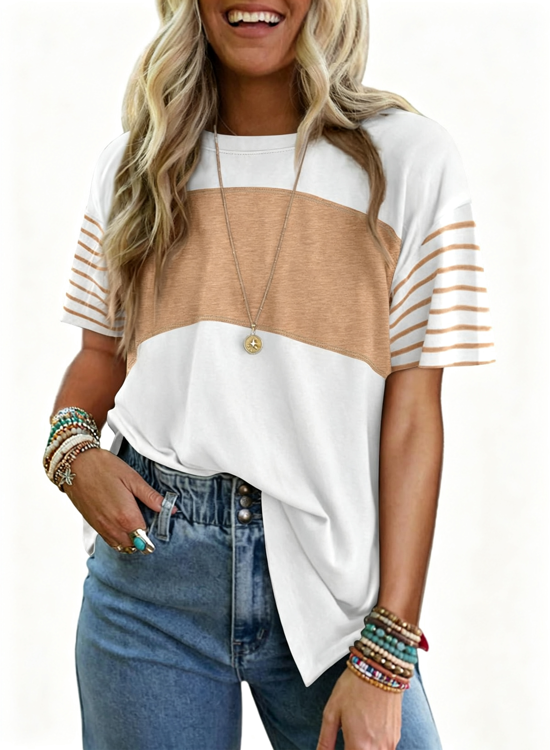  ✨Womens Oversized Crewneck Casual Color Block Striped Shirts Blouses