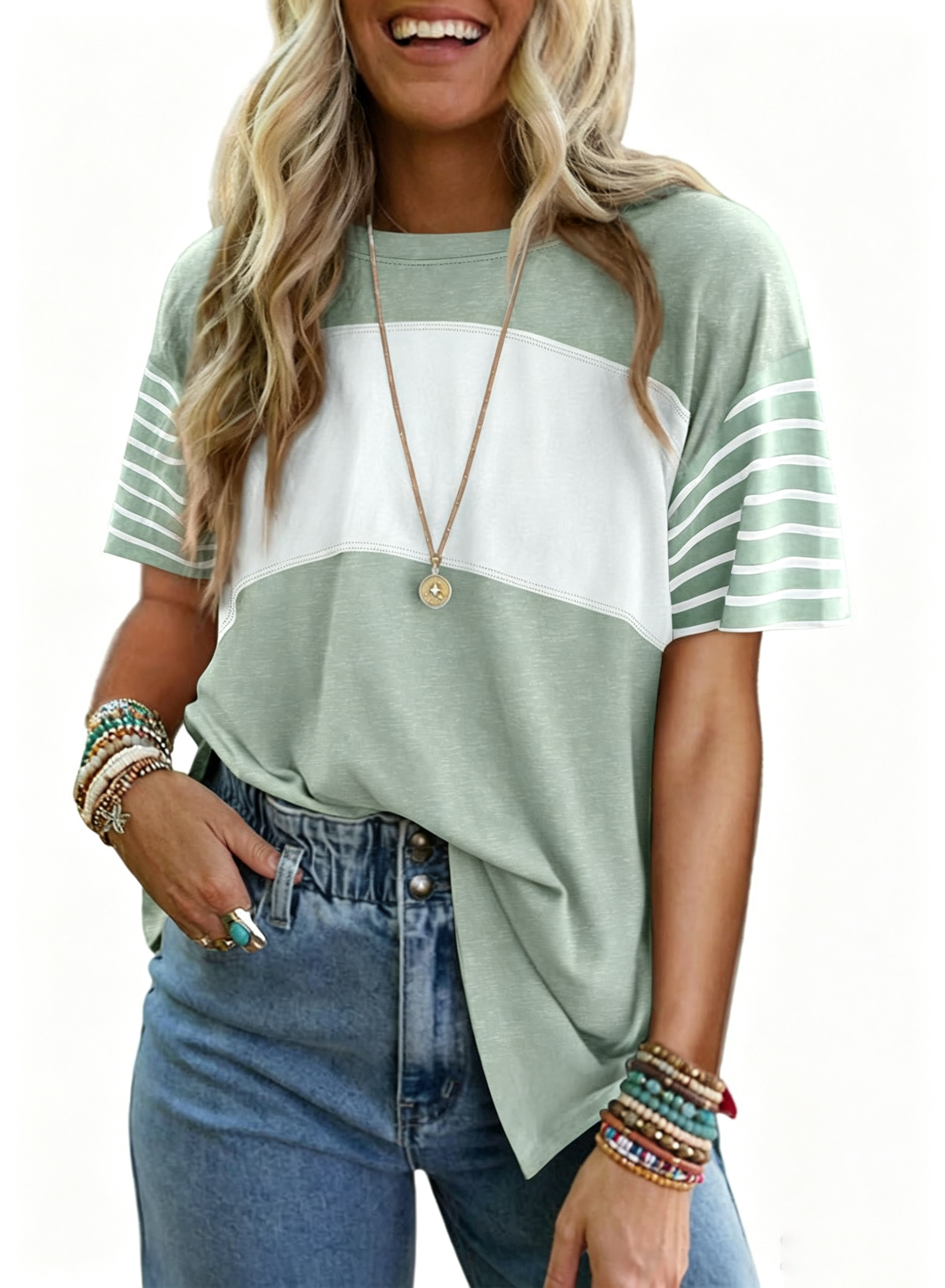  ✨Womens Oversized Crewneck Casual Color Block Striped Shirts Blouses