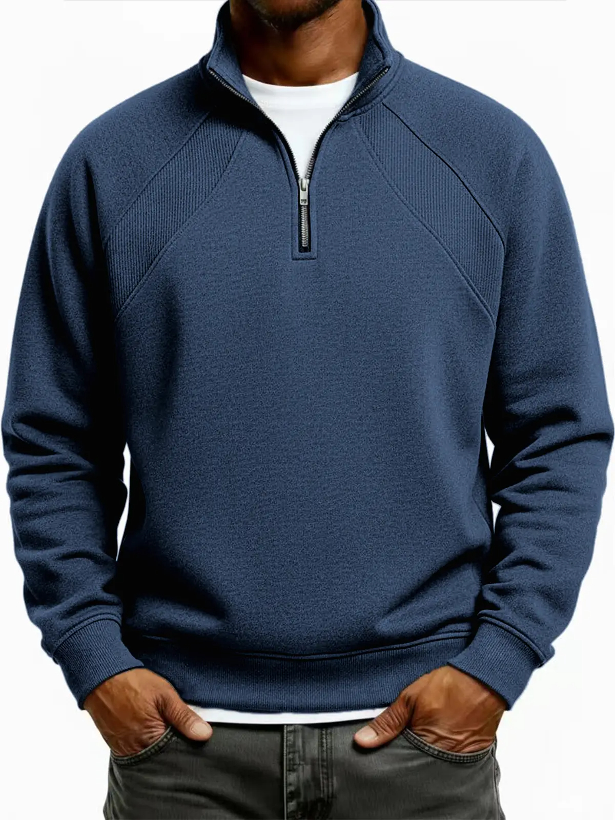 Men's Quarter-Zip Ribbed Raglan Textured Deconstructed Pullover Sweatshirt