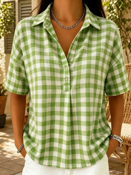Casual Gingham Cotton-Linen Blouse