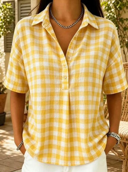 Casual Gingham Cotton-Linen Blouse