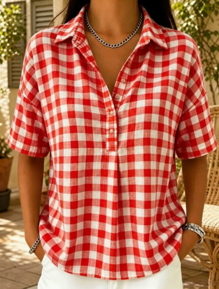 Casual Gingham Cotton-Linen Blouse