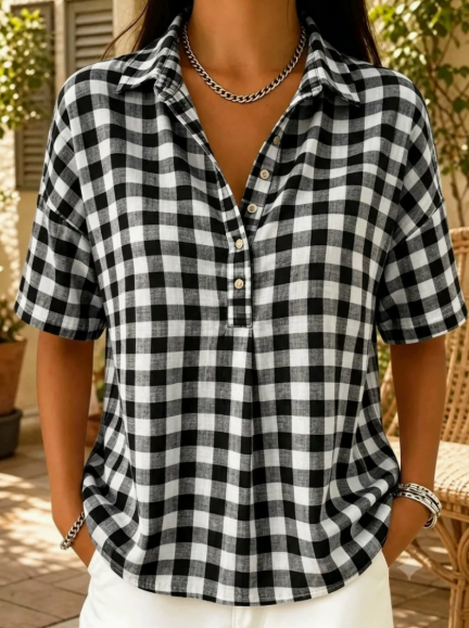 Casual Gingham Cotton-Linen Blouse