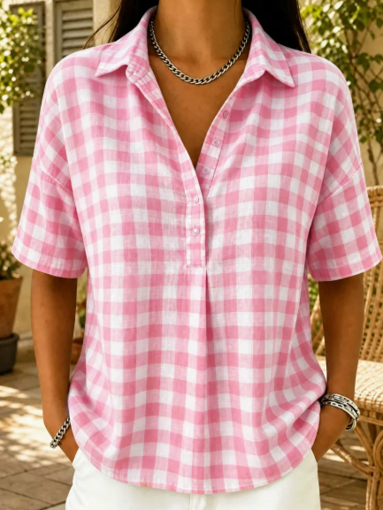 Casual Gingham Cotton-Linen Blouse