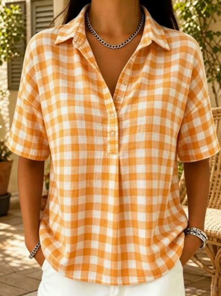 Casual Gingham Cotton-Linen Blouse