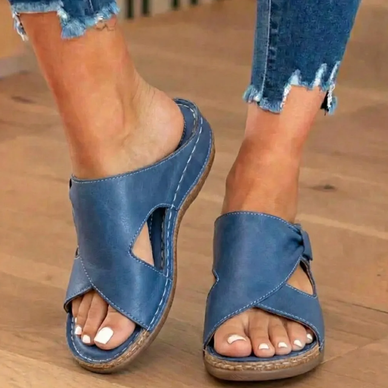 Orthopedic Leather Crossover Slide Sandals - Contrast Stitching Detail