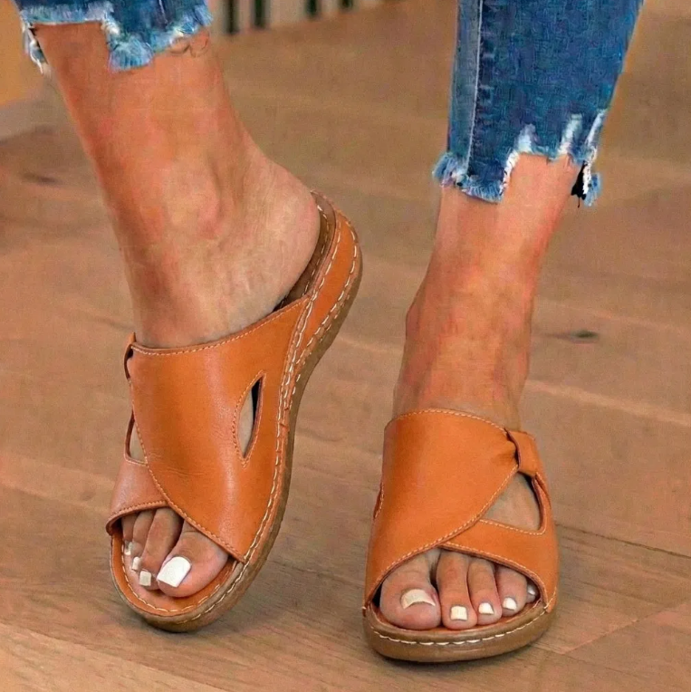 Orthopedic Leather Crossover Slide Sandals - Contrast Stitching Detail