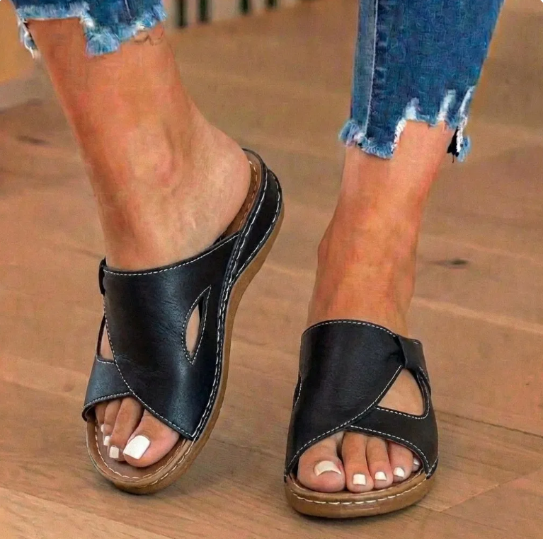 Orthopedic Leather Crossover Slide Sandals - Contrast Stitching Detail