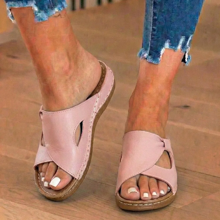 Orthopedic Leather Crossover Slide Sandals - Contrast Stitching Detail