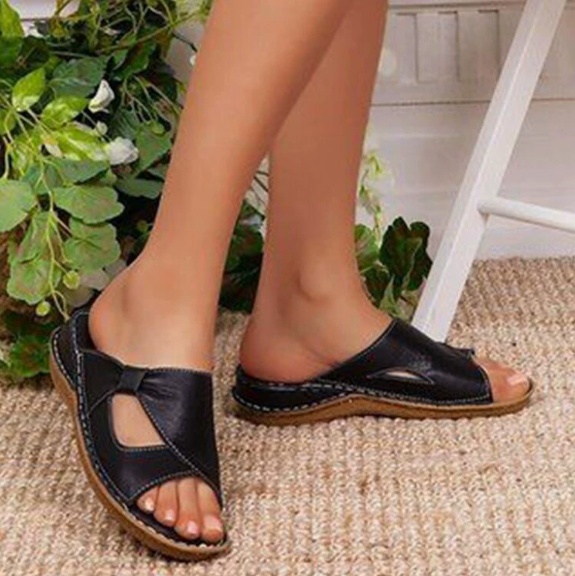 Orthopedic Leather Crossover Slide Sandals - Contrast Stitching Detail