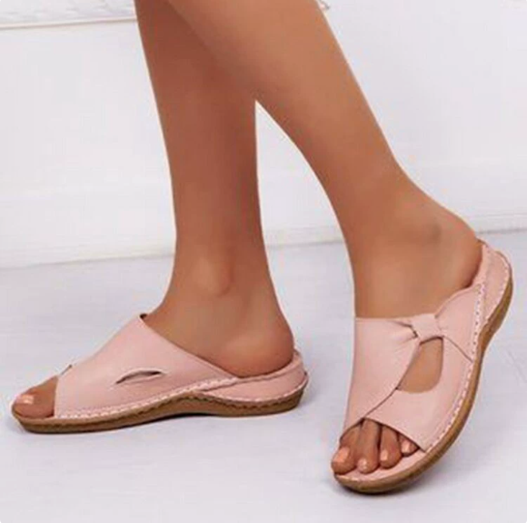 Orthopedic Leather Crossover Slide Sandals - Contrast Stitching Detail