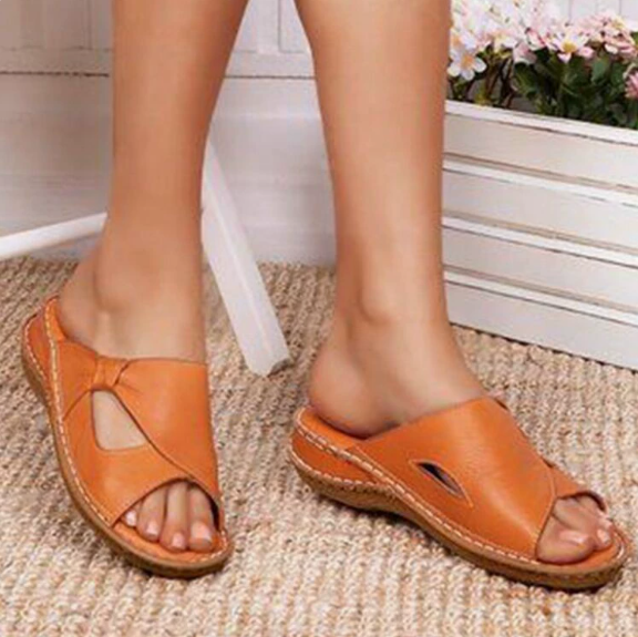 Orthopedic Leather Crossover Slide Sandals - Contrast Stitching Detail