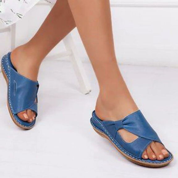 Orthopedic Leather Crossover Slide Sandals - Contrast Stitching Detail