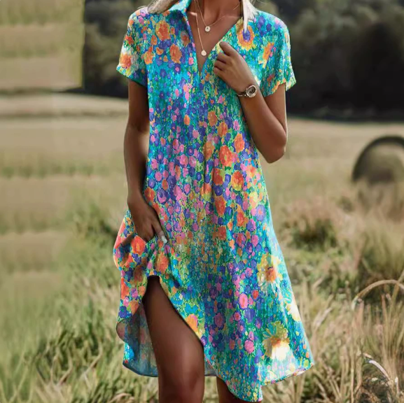 Casual Ditsy Floral Polo Collar Dress