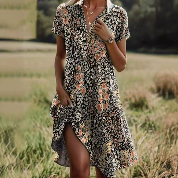 Casual Ditsy Floral Polo Collar Dress