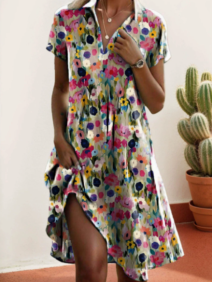 Casual Ditsy Floral Polo Collar Dress