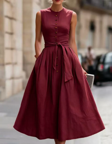 Elegant A-line Sleeveless Linen And Cotton Dress