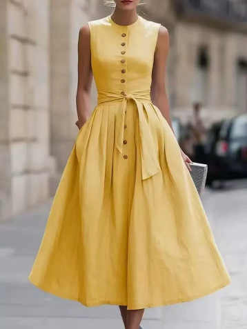 Elegant A-line Sleeveless Linen And Cotton Dress
