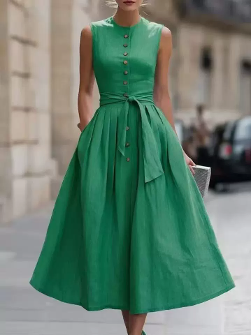 Elegant A-line Sleeveless Linen And Cotton Dress