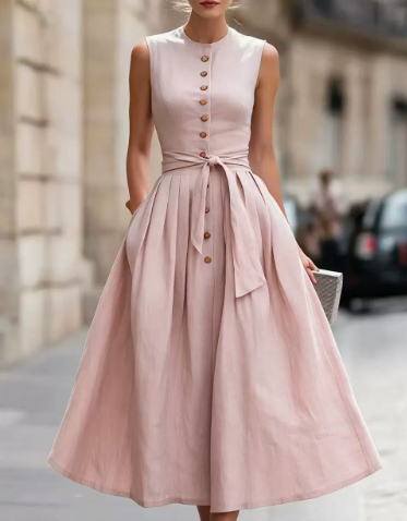 Elegant A-line Sleeveless Linen And Cotton Dress
