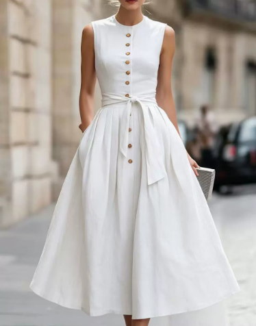 Elegant A-line Sleeveless Linen And Cotton Dress