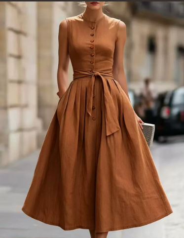Elegant A-line Sleeveless Linen And Cotton Dress