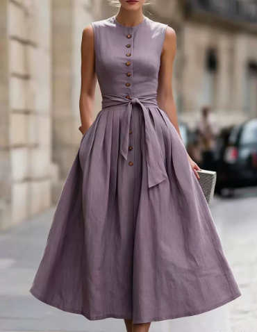 Elegant A-line Sleeveless Linen And Cotton Dress
