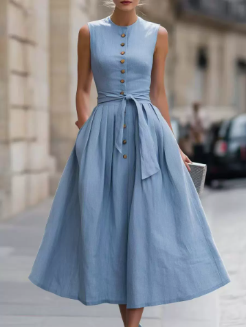 Elegant A-line Sleeveless Linen And Cotton Dress
