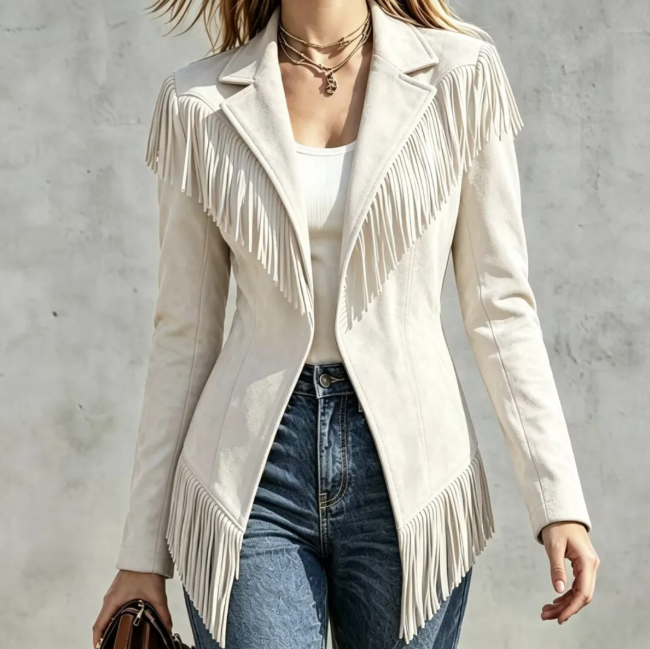 Fitted Faux‑suede Fringe Western Jacket