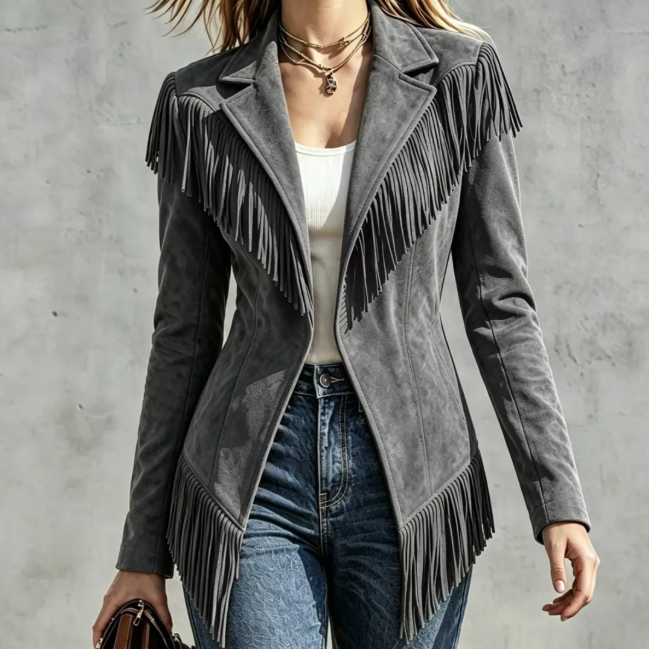 Fitted Faux‑suede Fringe Western Jacket