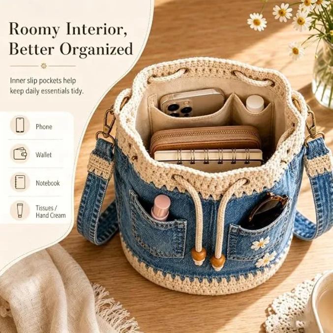 🔥 HOT SALE 49% OFF ✨ 👜Handmade Denim Crochet Bucket Bag – Daisy-Embroidered Drawstring Crossbody Bag