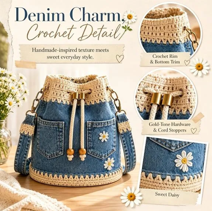 🔥 HOT SALE 49% OFF ✨ 👜Handmade Denim Crochet Bucket Bag – Daisy-Embroidered Drawstring Crossbody Bag