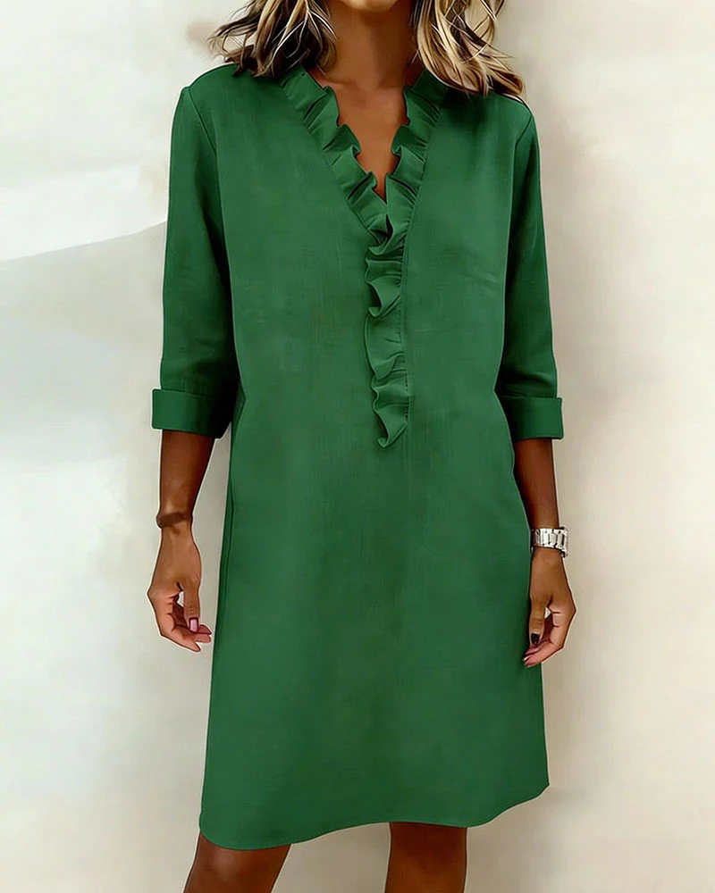 Ruffled V Neck Solid Color Dress