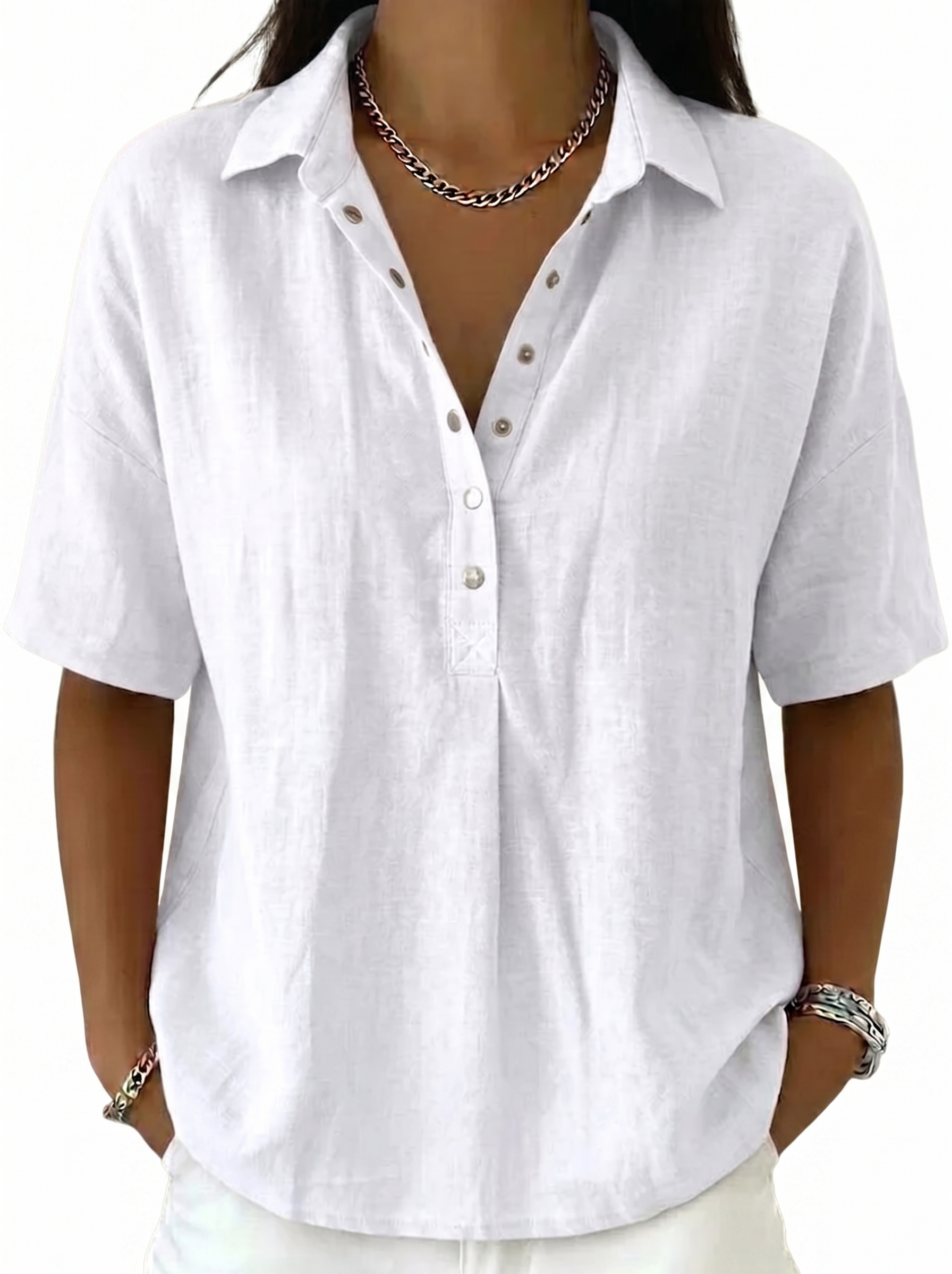 Women's Classic Linen Shirt Collar Short Sleeve Shirt