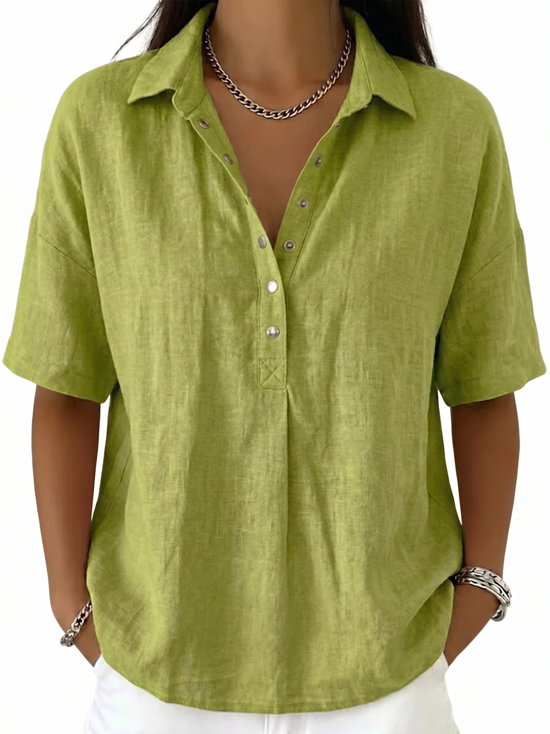 Women's Classic Linen Shirt Collar Short Sleeve Shirt