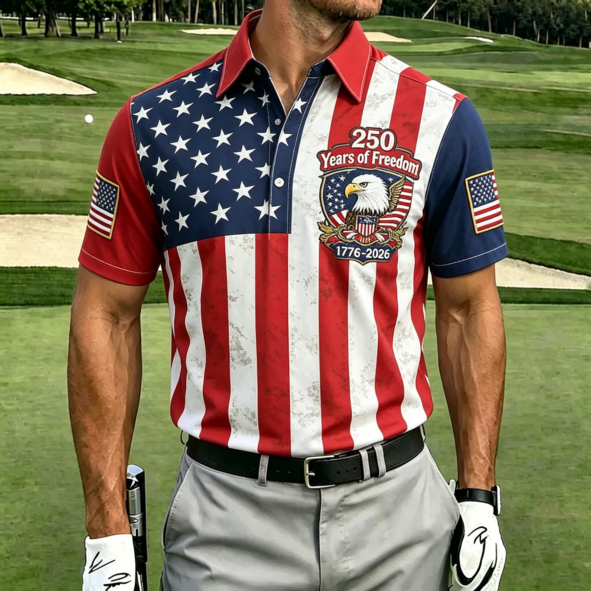 USA 250th Anniversary Denim Button-Down Shirt – Vintage American Flag & Eagle Print, Patriotic Short Sleeve Casual Top