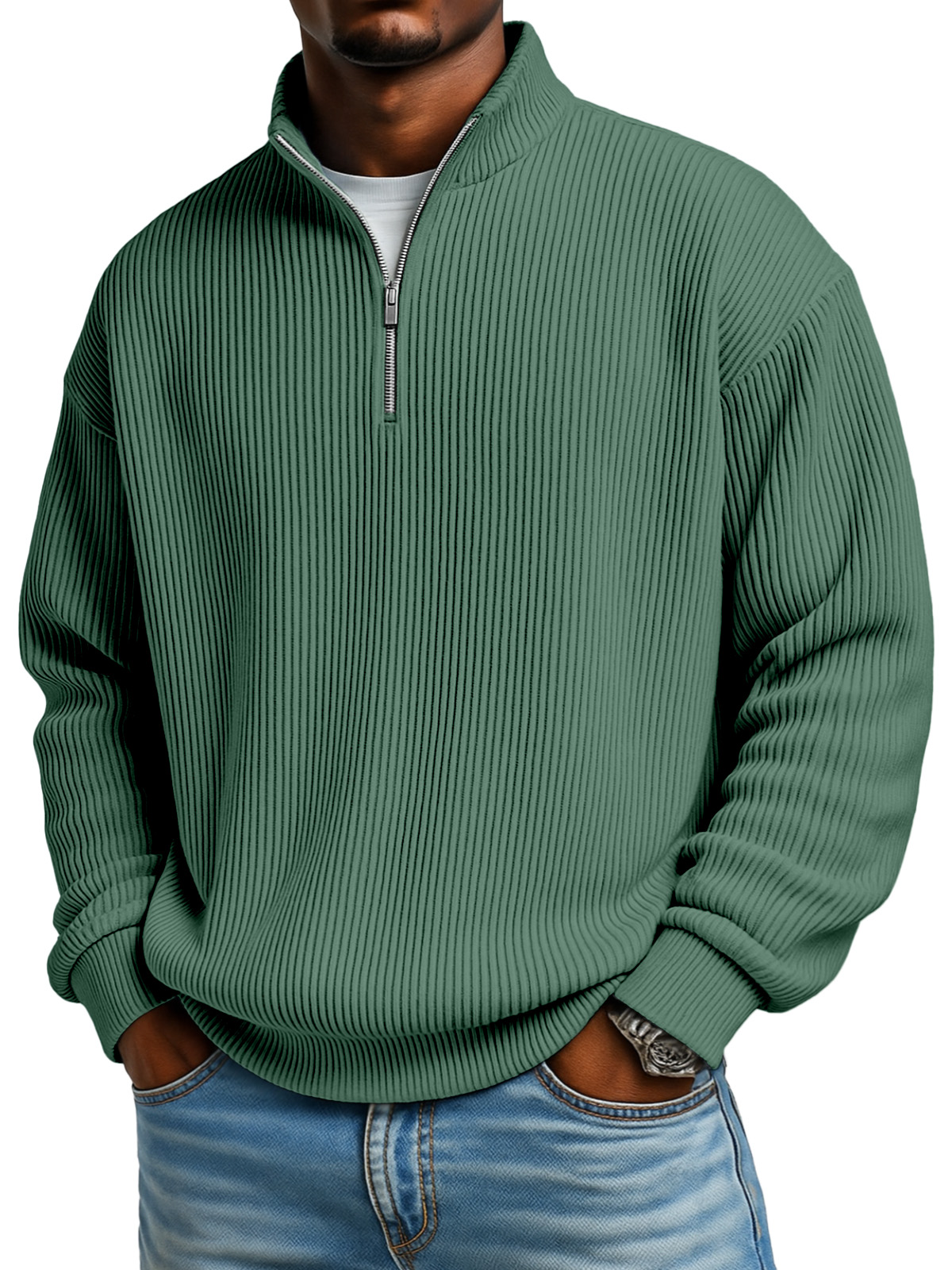 Men's Solid Color Vertical Pit Texture Stand Collar Zipper Long Sleeve Sweater