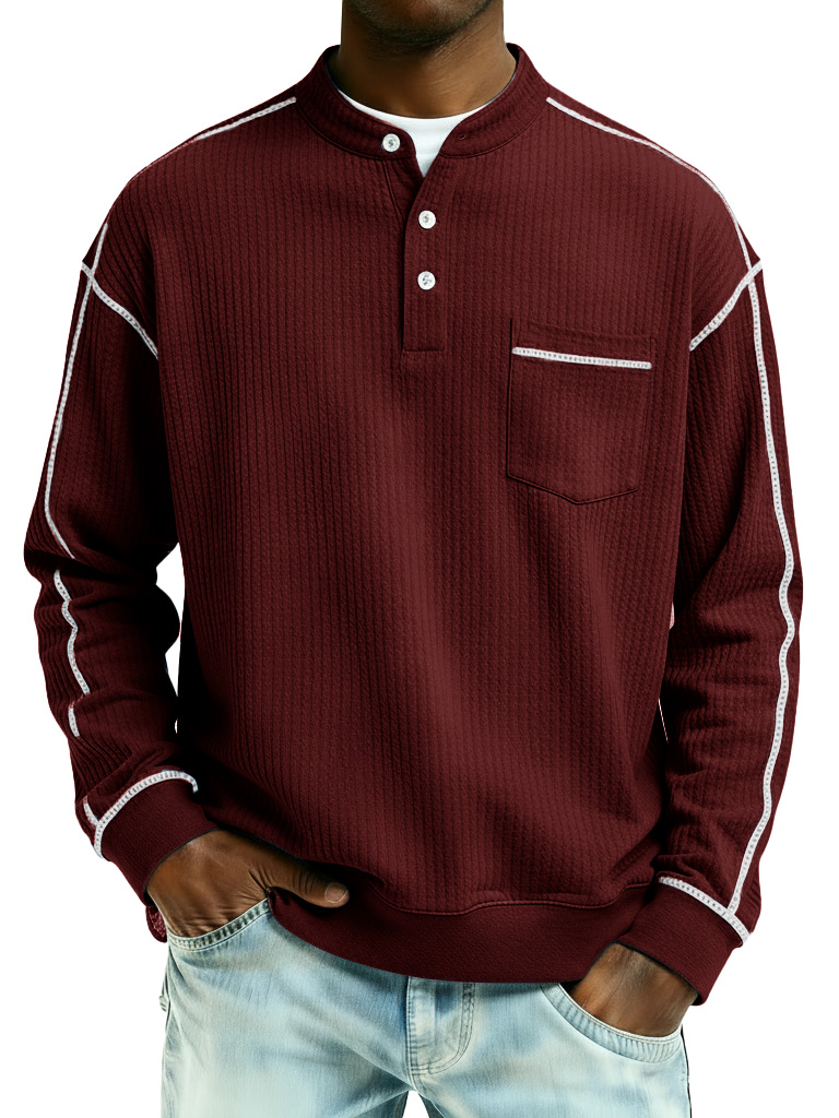 Men's Fashion Casual Contrast Waffle Fabric Pocket Long-Sleeve Henley Shirt