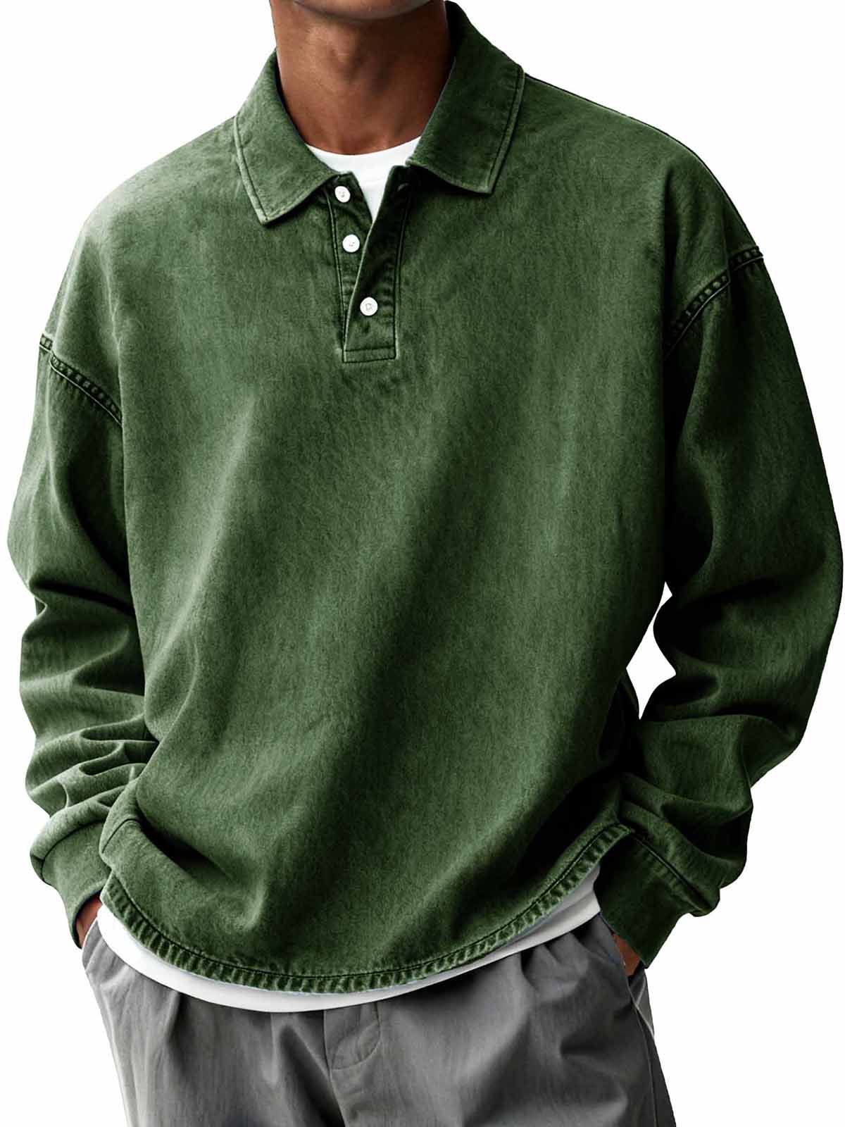 Men's Retro Distressed Fashion Turn-Down Collar Long-Sleeve Loose Polo Shirt