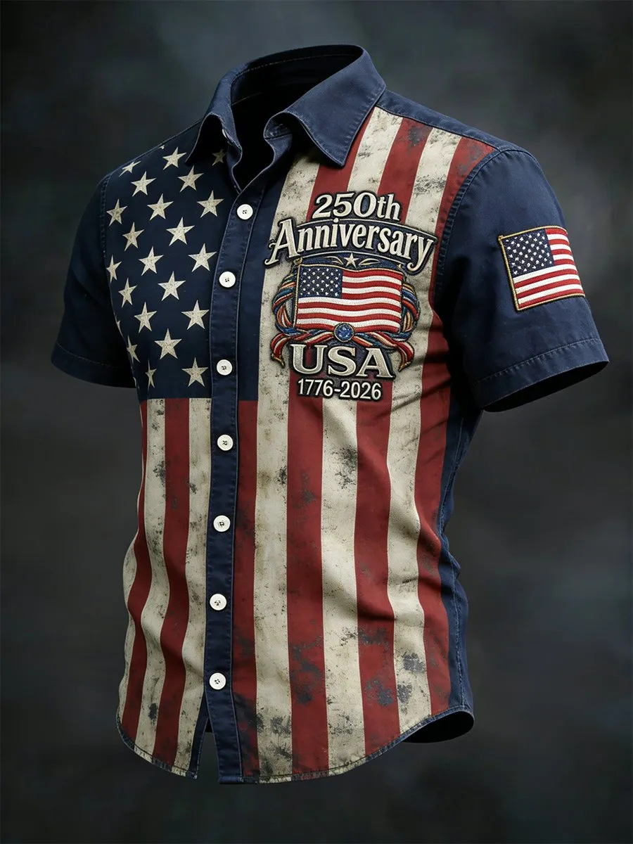 USA 250th Anniversary Denim Button-Down Shirt – Vintage American Flag & Eagle Print, Patriotic Short Sleeve Casual Top