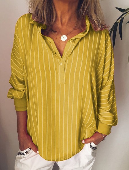 Casual Long Sleeve Stripe Collared Buttons Shirts