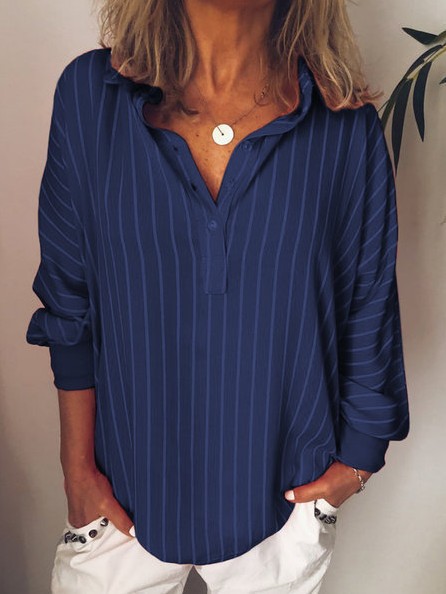 Casual Long Sleeve Stripe Collared Buttons Shirts