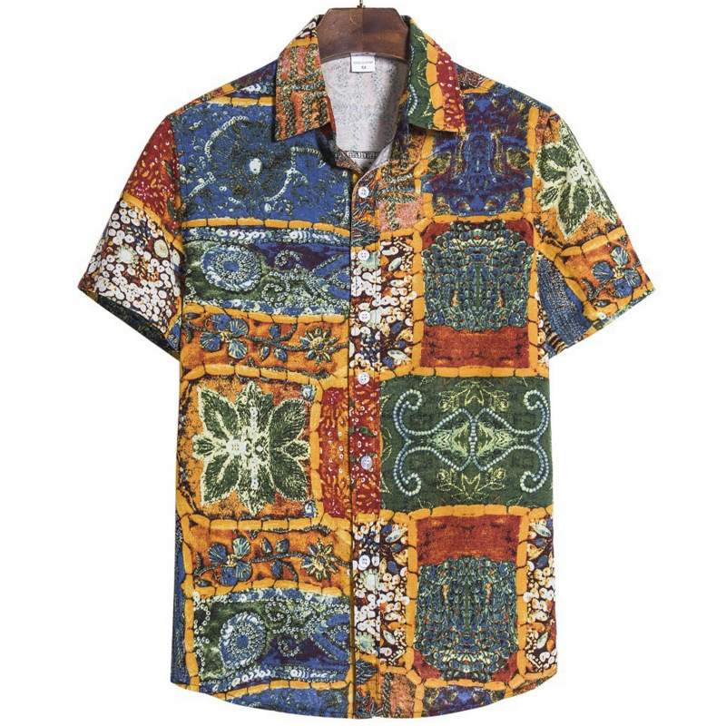 Men's Summer Patchwork Print Casual Vintage Short Sleeve Shirt