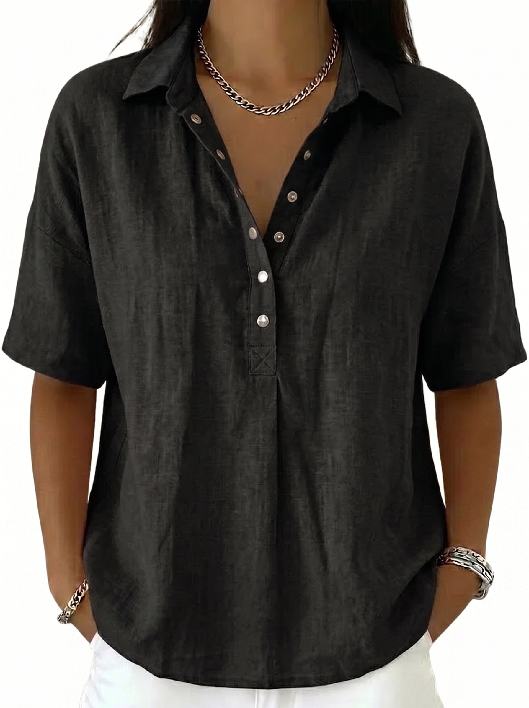 Women's Classic Linen Shirt Collar Short Sleeve Shirt