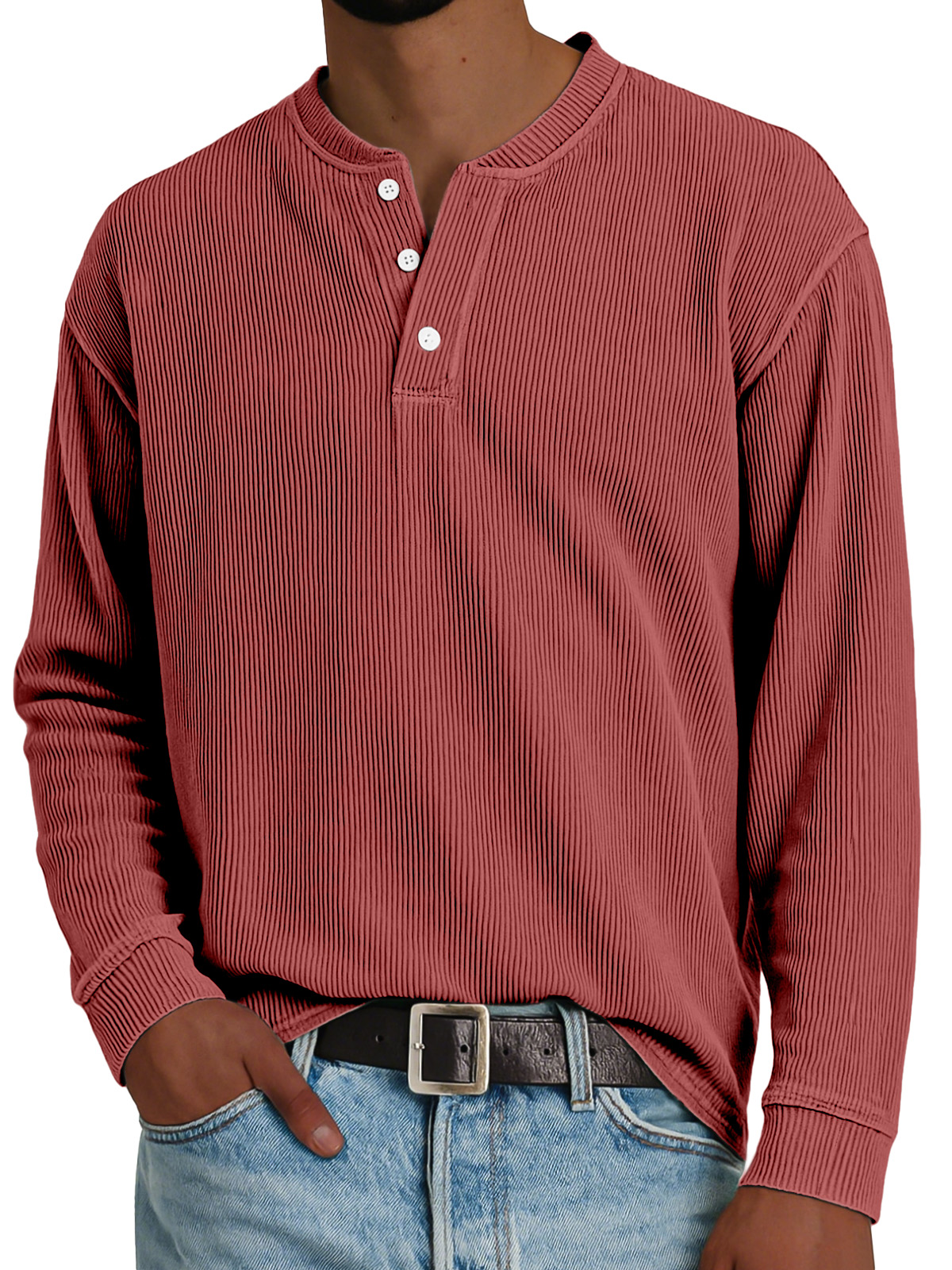 Men's Simple Loose Vertical Pit Strip Long-sleeved Henley Shirt