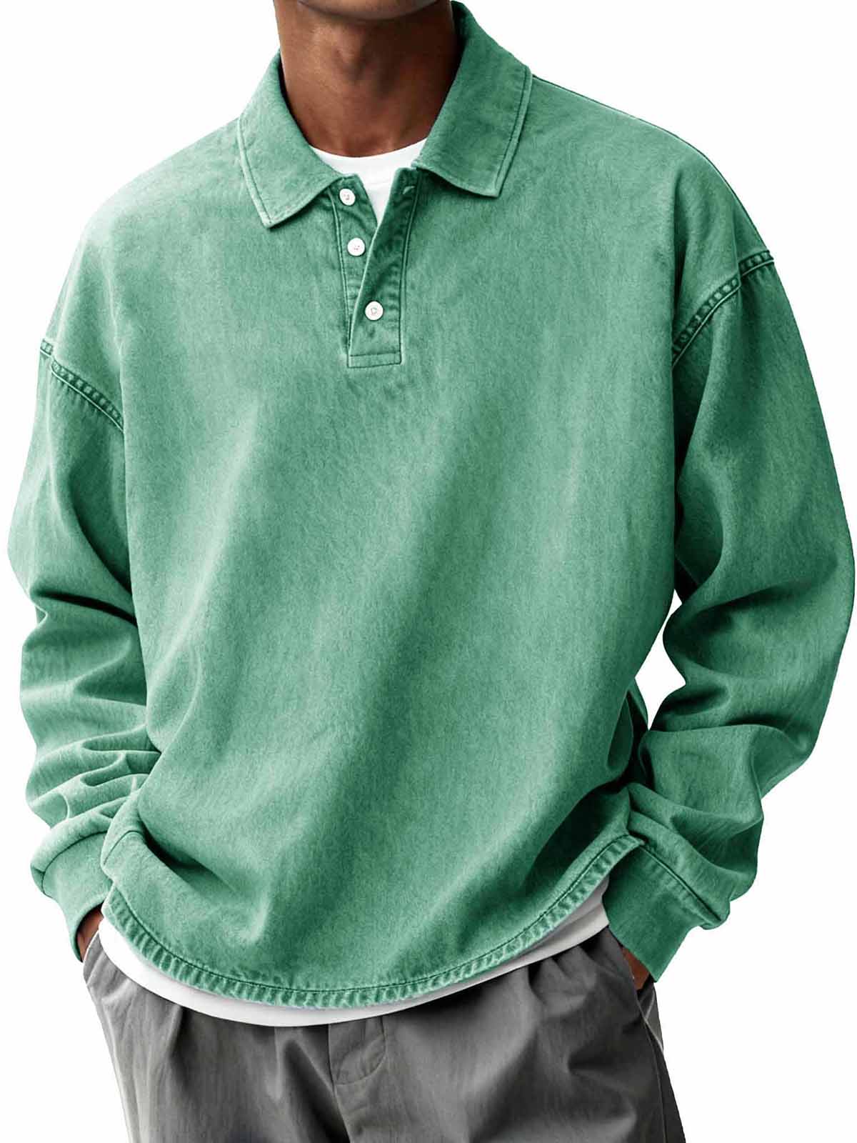 Men's Retro Distressed Fashion Turn-Down Collar Long-Sleeve Loose Polo Shirt