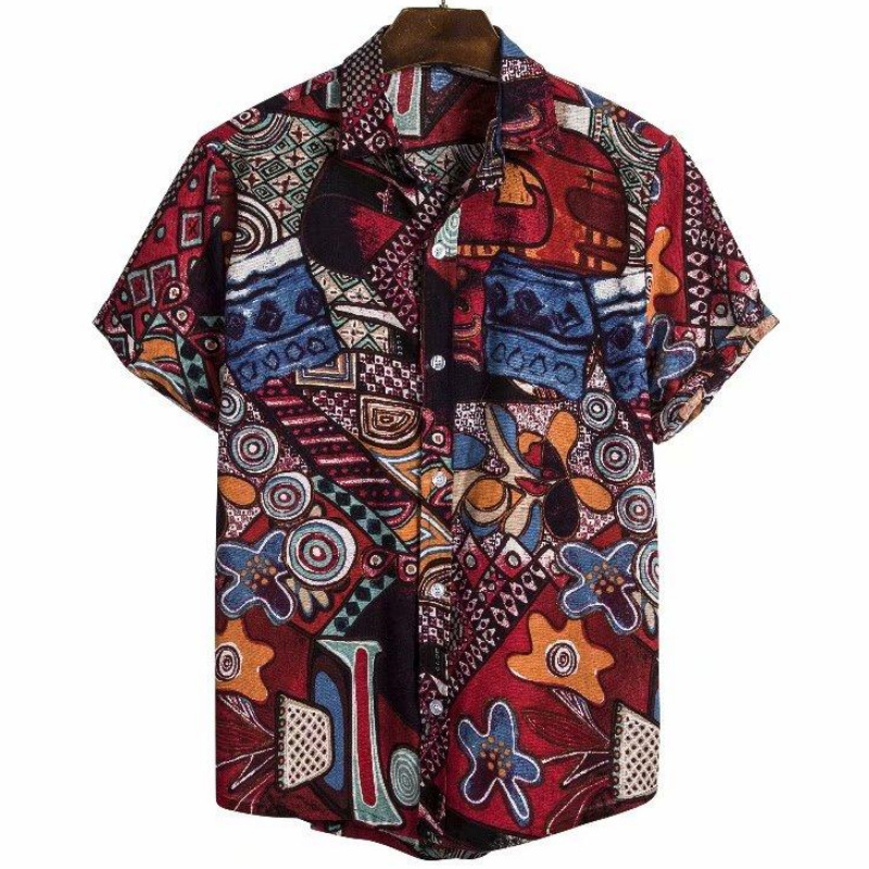 Men's Summer Patchwork Print Casual Vintage Short Sleeve Shirt