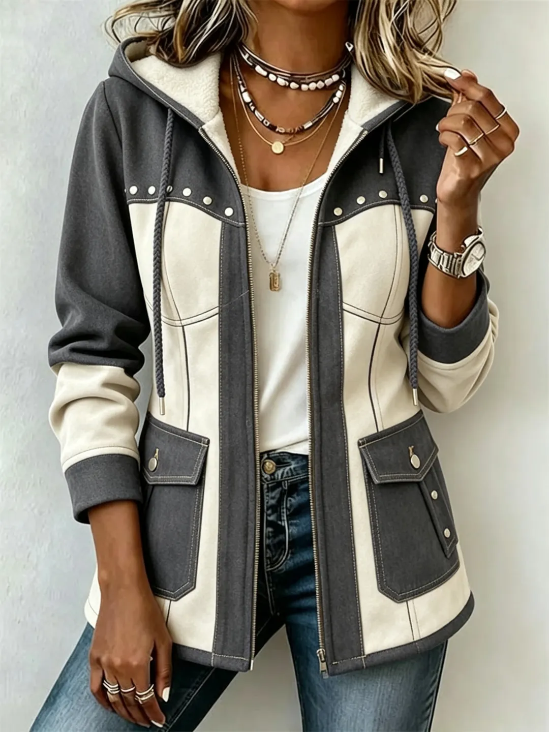 Chic Denim Patchwork Suede Hooded Jacket