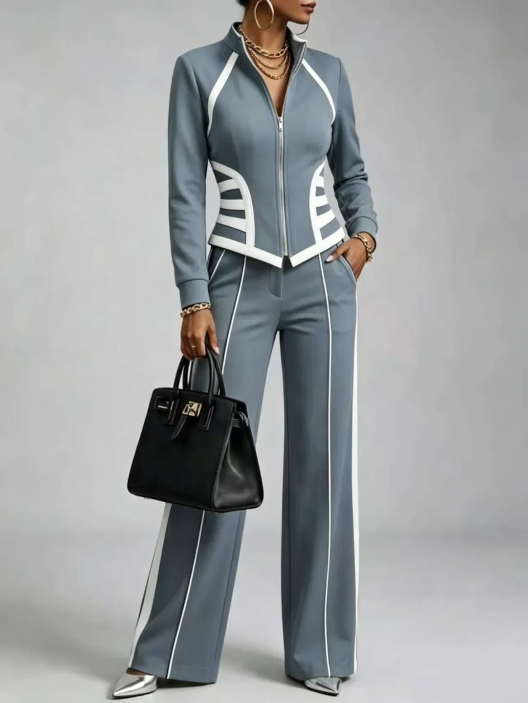 🤲LAST DAY SAVE 49% ⏰Cozy And Casual Two-piece Set Featuring A Slim-fit, Stretchy Zip-up Sweatshirt And Pants With Black Webbing Trim.
