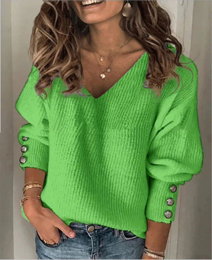 Cotton Blend Fashion Women's Wear Pure Color Knitted V-neck Loose Long Sleeve T-shirt